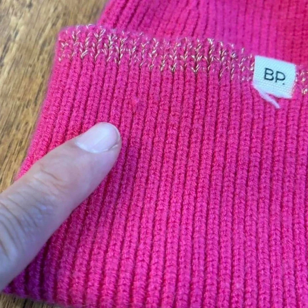 BP Hot Pink Ribbed Knit Beanie Silver Metallic Trim One Size Hat